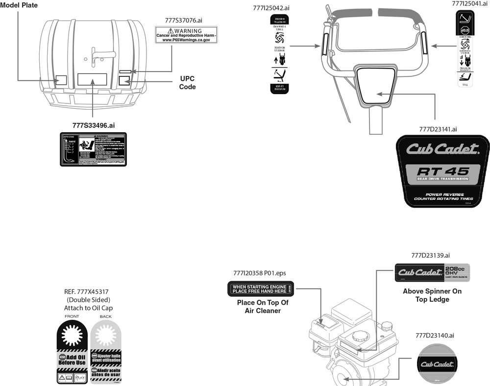 Label Map Diagram and Parts List for RT45 (21AA40M8710)(2020) Cub Cadet Tiller